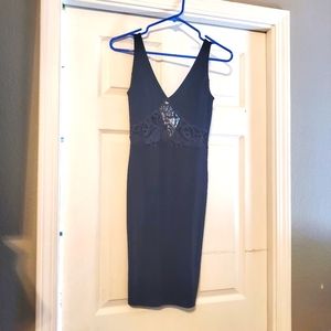 Lulu's Black Bodycon Dress with V Back and Front Lace Detail